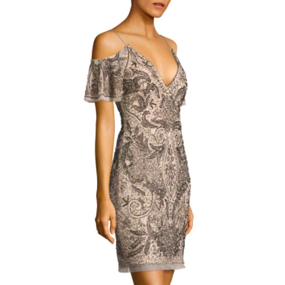 Aidan Mattox Champagne Sequined Beaded Cold Shoulder Formal Party Mini Dress - Picture 2 of 9